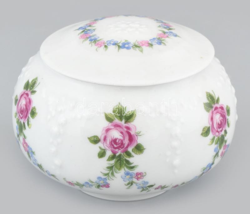 Wallendorf porcelán bonbonier, plasztikus, virágmintás díszítéssel. Matricás, jelzett, minimális kopással, d: 9 cm