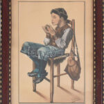 Simay jelzéssel: Krumplievő. Akvarell, papír, üvegezett keretben. 24x14,5cm