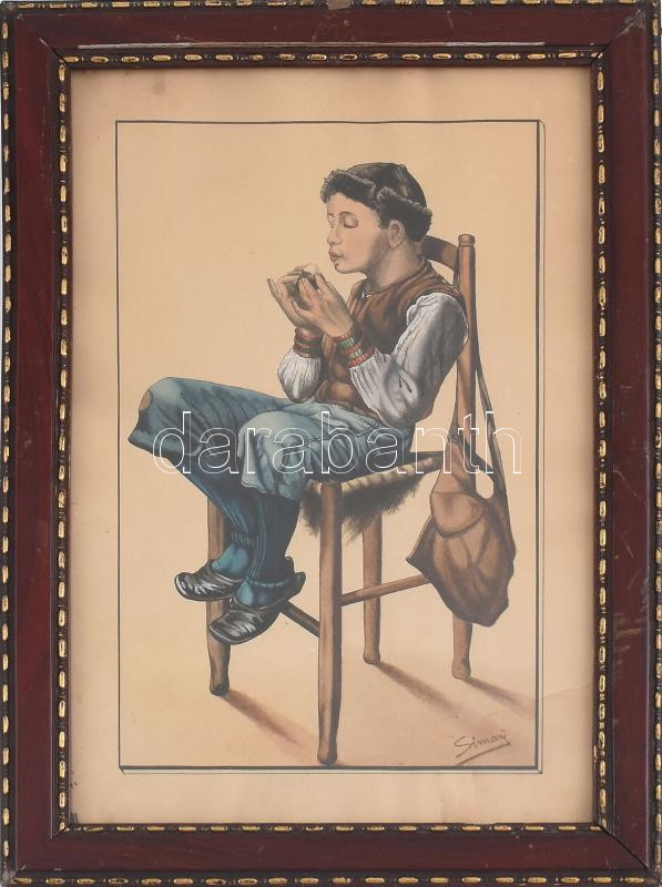 Simay jelzéssel: Krumplievő. Akvarell, papír, üvegezett keretben. 24x14,5cm