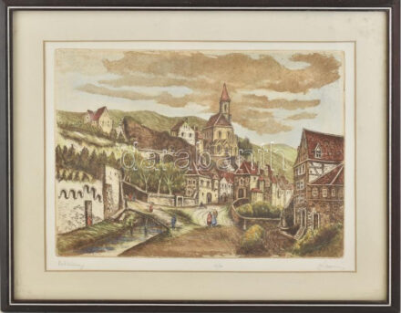 Blahos Rudolf (1917-1986): Hétköznap. Színezett rézkarc, papír, jelzett, számozott (43/50), üvegezett fakeretben, 29×39 cm