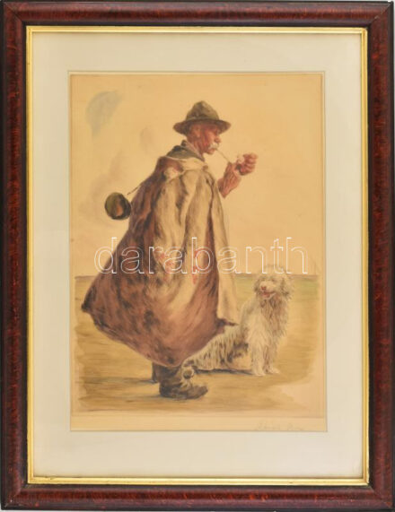 Révész Imre (1859-1945): Pipázó juhász. Színezett rézkarc, papír, jelzett. Dekoratív, üvegezett fakeretben. 45×33 cm