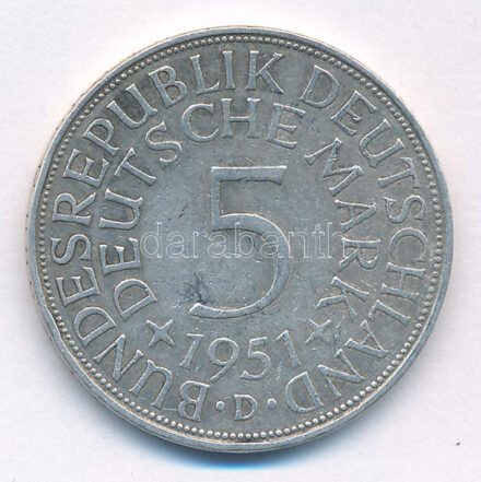 Német Szövetségi Köztársaság 1951D 5M Ag T:2- patina GFR 1951D 5 Mark Ag C:VF patina Krause KM#112