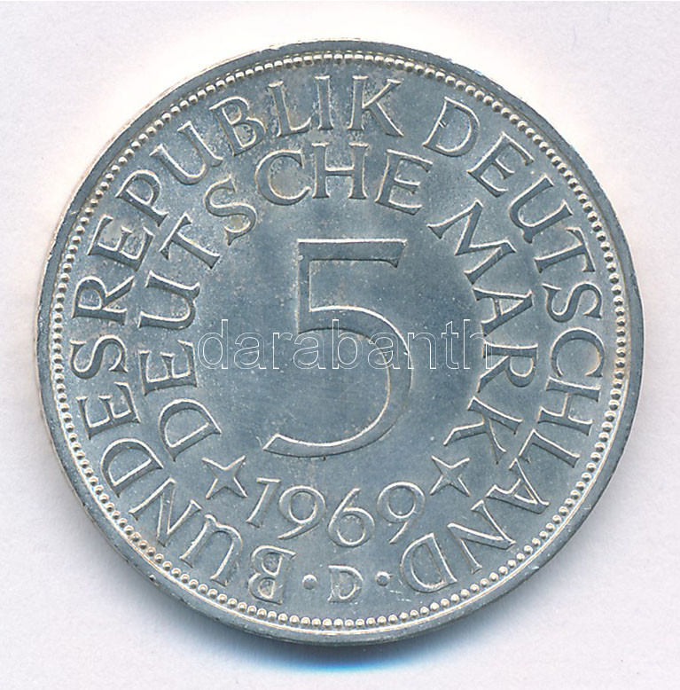 NSZK 1968D 5M Ag T:1- GFR 1968D 5 Mark Ag C:AU Krause KM#112