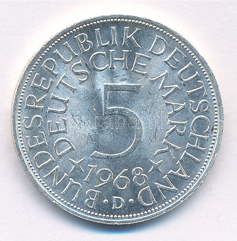 Német Szövetségi Köztársaság 1968D 5M Ag T:1- GFR 1968D 5 Mark Ag C:AU Krause KM#112