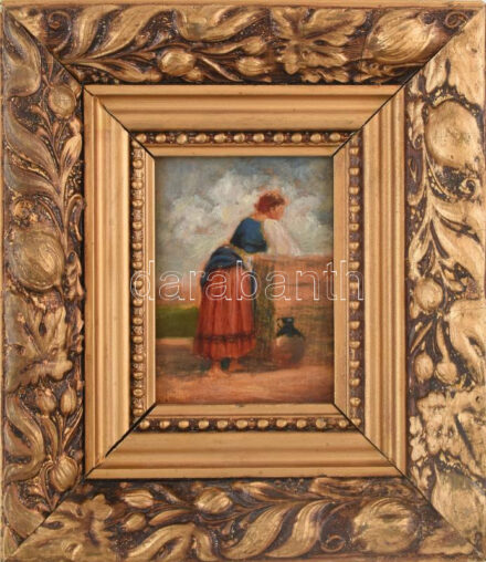 Pállya Carolus (1875-1948/50 körül): Vízhordó lány. Olaj, fa, jelezve balra lent, dekoratív fakeretben, 18x8 cm