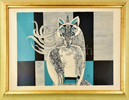 Szász Endre (1926-2003): Hölgy állatfejjel. Szitanyomat, papír, jelzett, művészpéldány Artist's Proof jelzéssel. Dekoratív, üvegezett fakeretben, 42x58 cm