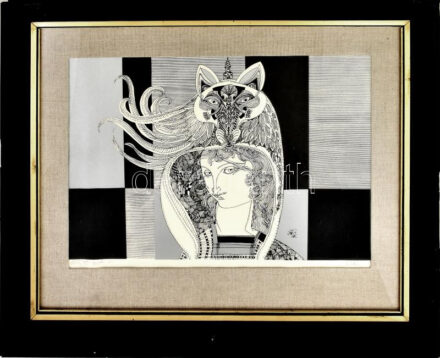 Szász Endre (1926-2003): Állatfejes hölgy. Szitanyomat, papír, jelzett, művészpéldány Artist's Proof jelzéssel. Dekoratív, üvegezett fakeretben, 40,5x58 cm