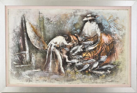 Jelzés nélkül, dél-amerikai festő, XX. sz. vége: Alakok. Vegyes technika, kollázs, vászon. Dekoratív fakeretben, 46x76 cm