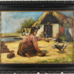Ferkai J. jelzéssel: Faluvége. Olaj, vászon, kissé sérült. Dekoratív, sérült fakeretben, 50x70 cm