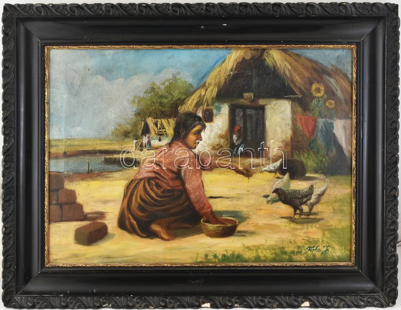 Ferkai J. jelzéssel: Faluvége. Olaj, vászon, kissé sérült. Dekoratív, sérült fakeretben, 50x70 cm