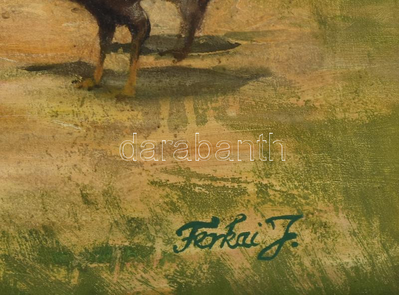 Ferkai J. jelzéssel: Faluvége. Olaj, vászon, kissé sérült. Dekoratív, sérült fakeretben, 50x70 cm - Image 2