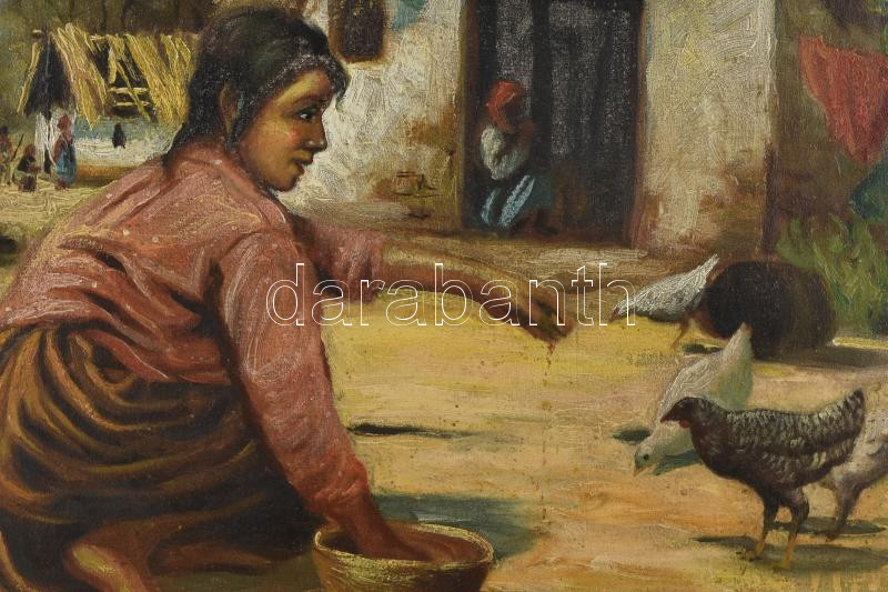 Ferkai J. jelzéssel: Faluvége. Olaj, vászon, kissé sérült. Dekoratív, sérült fakeretben, 50x70 cm - Image 3