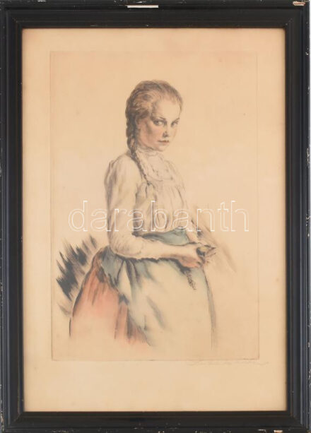 Prihoda István (1891-1956): Lányka. Színezett rézkarc, papír, jelzett. Dekoratív, sérült üvegezett fakeretben. 27,5x26 cm