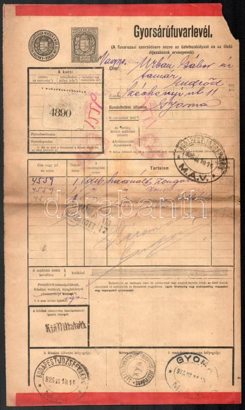 1925 Gyorsáru-fuvarlevél, díjjegyes, kisebb sarokhiánnyal