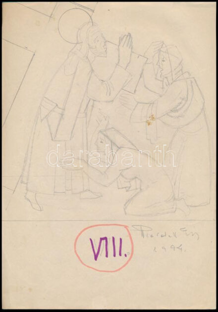 Pleidell János (1915-2007): Stáció terv VIII., 1994. Ceruza, papír. Jelzett. Lapon aprófolttal. 30x21 cm