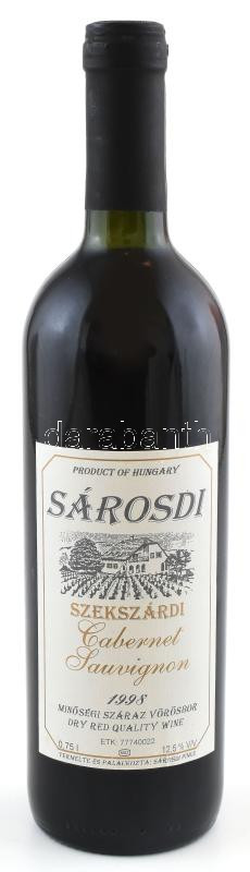 1998 Sárosdi Szekszárdi Cabernet Sauvignon, bontatlan palack száraz vörösbor, 12,5 % pincében szakszerűen tárolt, 0,75 l.