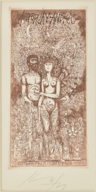 Kass János (1927-2010): Dr. Altorjay András, 2001 (Ádám és Éva). Rézkarc, papír, jelzett. Üvegezett fakeretben. 19×9,5 cm