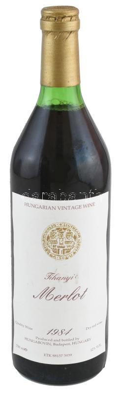 1984 Hungarovin Tihanyi Merlot, bontatlan palack száraz vörösbor, 12% pincében szakszerűen tárolt, 0,75 l.