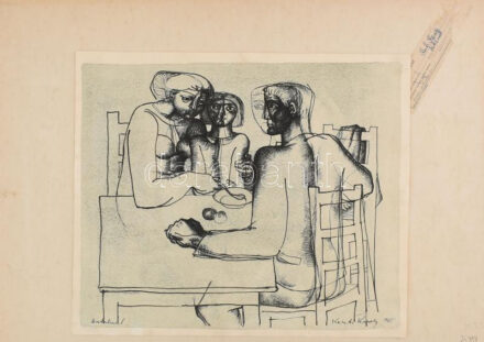 Kerti Károly (1917-1986): Asztalnál, 1965. Tus, papír. Jelzett. Kartonra kasírozva, kartonon Képcsarnok Vállalat címkéjével. 32x37,5 cm