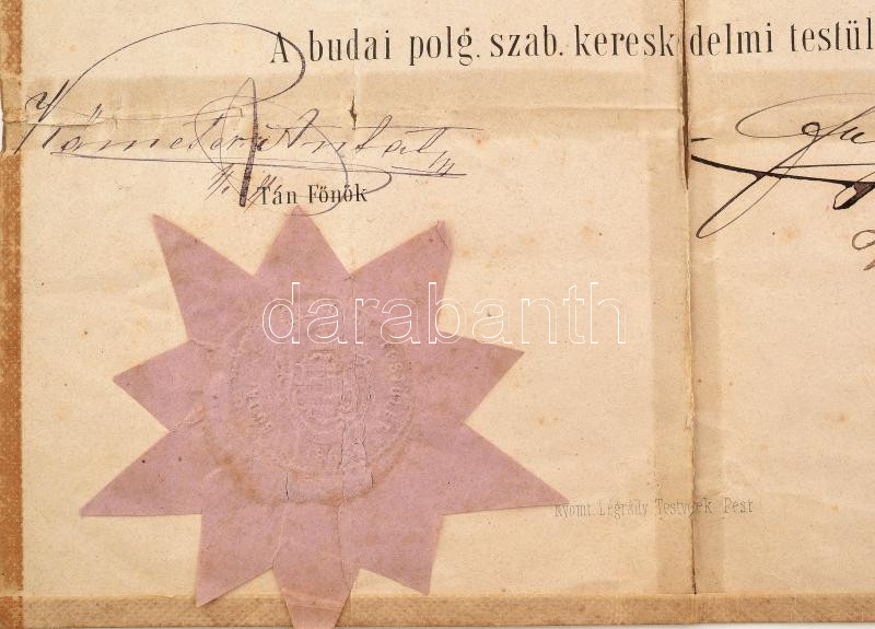 1880 Fűszerárú kereskedő mesterlevele ragasztott, javított. 46x30 cm - Image 2