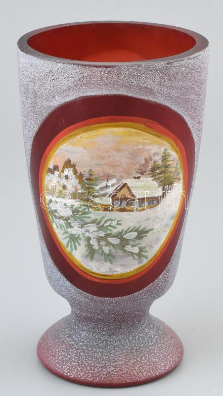 Régi kézzel festett üveg pohár, rubin pácolt, kis kopásokkal, m: 14 cm