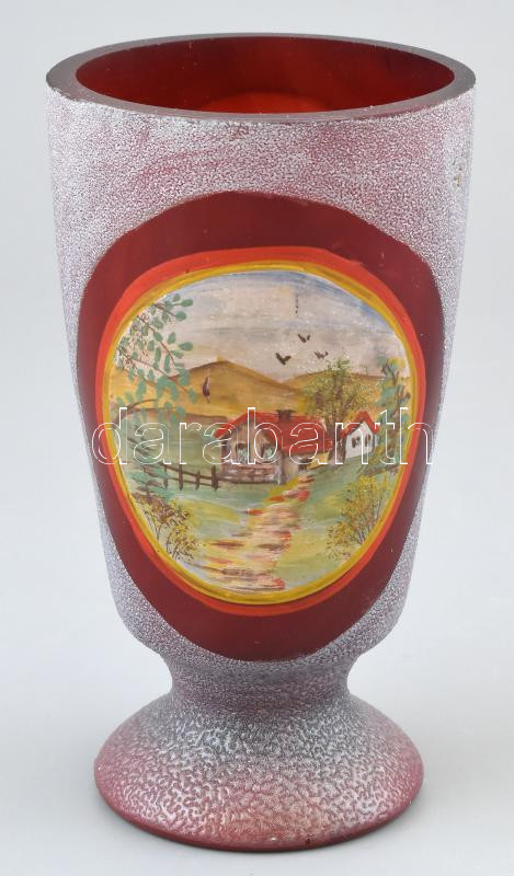 Régi kézzel festett üveg pohár, rubin pácolt, kis kopásokkal, m: 14 cm - Image 2