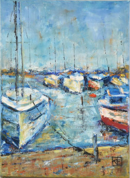 V. Tóth Éva (1964-): Badacsonyi kikötő. Olaj, vászon. Jelzett. Hátoldalán autográf felirattal. 40x30 cm