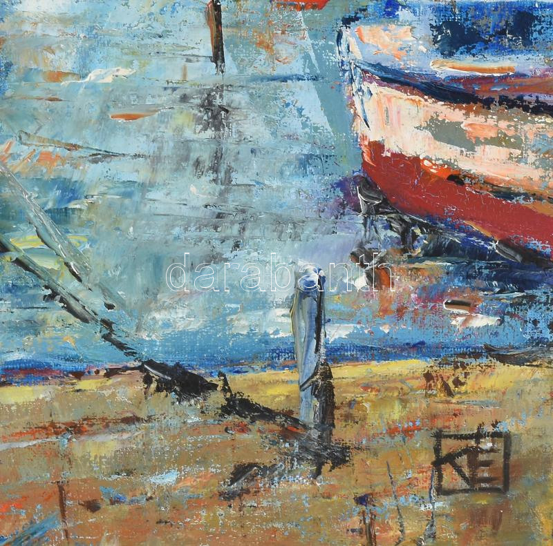 V. Tóth Éva (1964-): Badacsonyi kikötő. Olaj, vászon. Jelzett. Hátoldalán autográf felirattal. 40x30 cm - Image 2