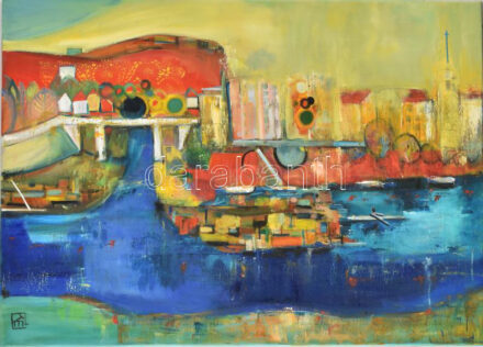 V. Tóth Éva (1964-): Szolnok. Olaj, vászon. Jelzett. Hátoldalán autográf felirattal. 50x70 cm