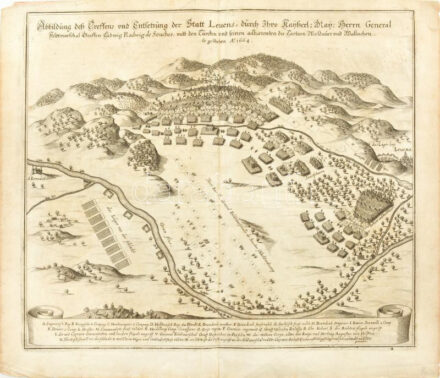 Lőcse 1664-es ostroma Abbildung des Treffens und Entsetzung der Statt Leuens, durch. General Feldtmarschal Ludwig Radwig de Souches, mit den Türcken. so geschehen A° 1664. megjelent Matthäus Merian Theatrum Europaeum 1672. Rézmetszet. 33,5x29cm