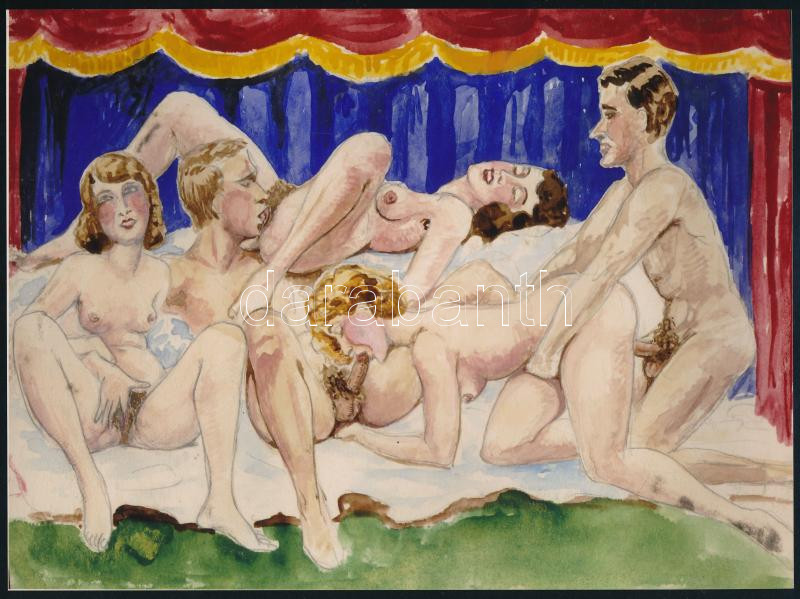 cca 1925 Csoportos szex, egy gazdag erotikus fantáziával megáldott festőművész vázlatfüzetének egy lapja mai fotómásolaton, 17,7x24 cm