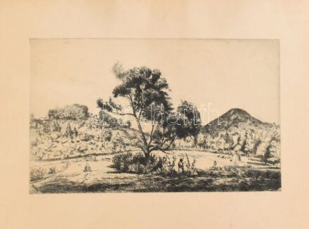 Boldizsár István (1897-1984): Dombos táj. Rézkarc, papír, jelzett, kartonra kasírozva, lap széle kissé sérült. 21x35 cm
