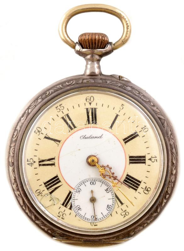 Oluland zsebóra, mechanikus szerkezettel, ezüst (Ag) tokkal. Működő szerkezet, szép számlappal, d: 48 mm