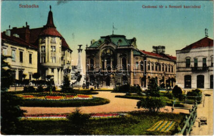 1916 Szabadka, Subotica; Csokonai tér, Nemzeti kaszinó, Önsegélyező szövetkezet. Vasúti levelezőlapárusítás 38. 1916. / square, casino, credit union (EK)
