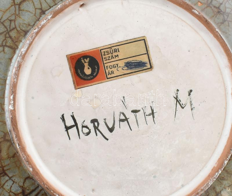 Horváth Magdolna: Retró kerámia tál, jelzett, lepattanásokkal, d: 33,5cm - Image 2