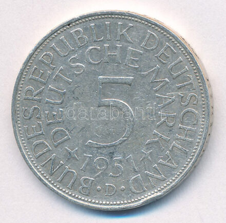 NSZK 1951D 5M Ag T:2,2- ph FRG 1951D 5 Mark Ag C:XF,VF edge error Krause KM#112