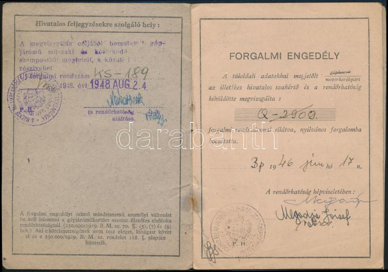 1946-1951 Gépjármű forgalmi engedély
