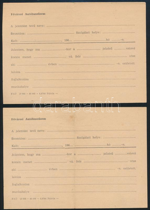 cca 1960 Fővárosi Autóbuszüzem kitöltetlen bírsági jegyzékei 2 db