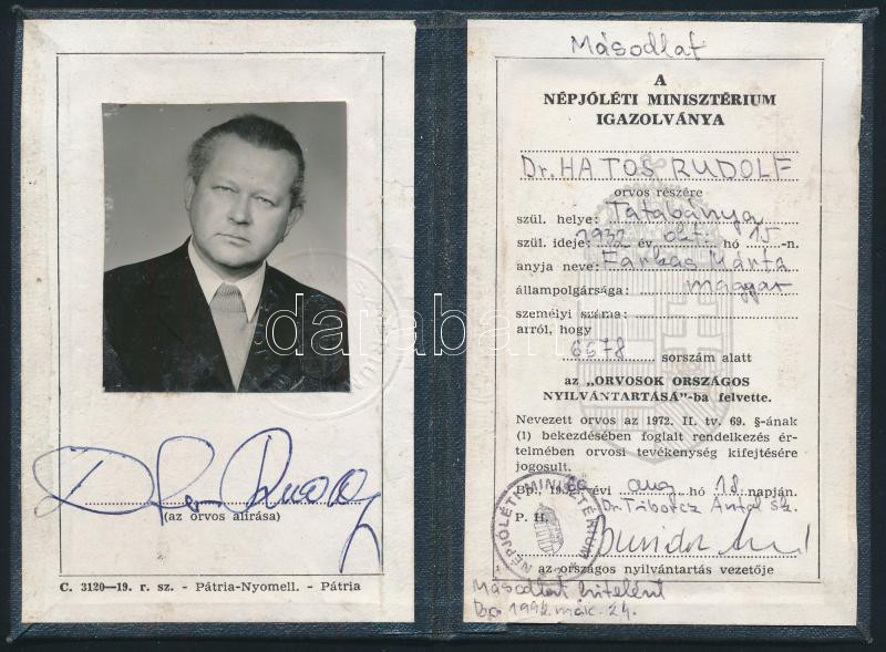 1960 Népjóléti Minisztérium fényképes igazolványa orvos részére