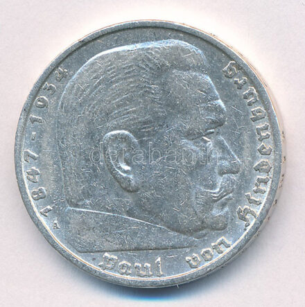 Német Harmadik Birodalom 1936A 5M Ag 'Hindenburg' T:2 ph German Third Reich 1936A 5 Mark Ag 'Hindenburg' C:XF edge error Krause KM#86