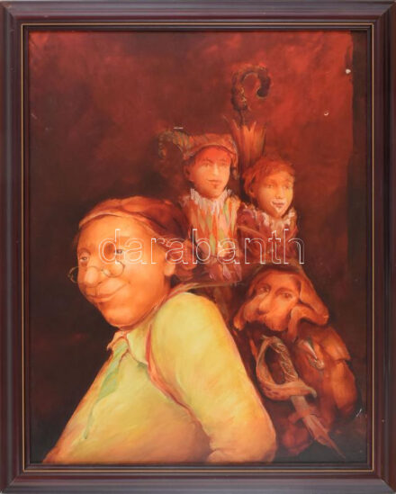 Barkóczi József (1959-): A zsákos ember. Olaj, farost. Jelzett. Dekoratív fakeretben, 48×39 cm