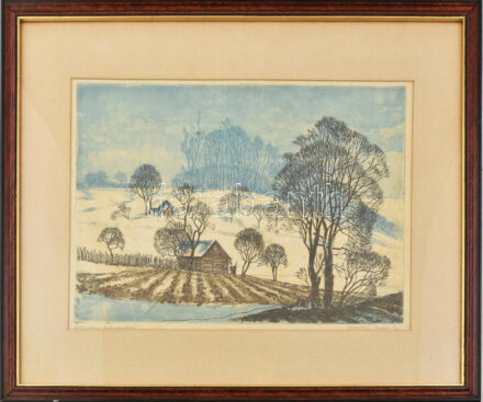 Csurgói Máté Lajos (1931-2001): Somogyi hangulat. Színes rézkarc, papír, jelzett. Üvegezett fakeretben. 27x41 cm