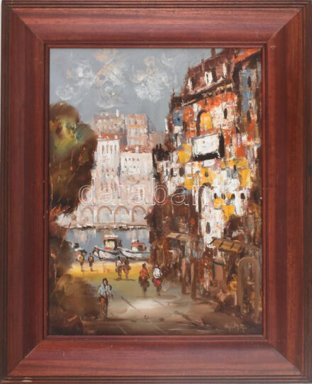 Vojnits Richárd (1942-): Utcarészlet. Olaj, farost, jelzett. Dekoratív fakeretben, 40×30cm