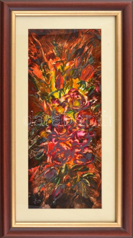Storkné Szabó Dóra (1961-): Csokor. Enkausztika, karton, jelzett, üvegezett fakeretben, 48×18,5 cm