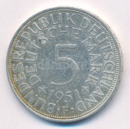 NSZK 1951F 5M Ag T:2 patina FRG 1951F 5 Mark Ag C:XF patina Krause KM# 112.1