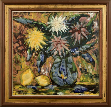 Kesztyűs Ferenc (1932-): Citromok dáliával. Tűzzománc, kerámia, jelzett, hátoldalán a művész bélyegzőjével és autográf feliratával. Fakeretben, 40×40 cm