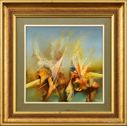 Erdélyi Tibor (1961-): Jelek. Olaj, farost. Jelzett. 26,5x26,5 cm. Üvegezett fakeretben.