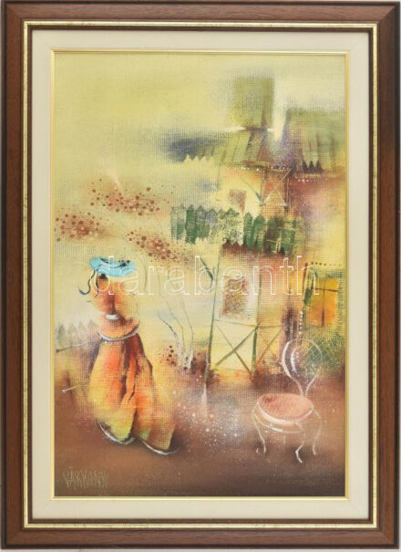 Várkonyi János (1947-): Vadászház. Olaj, farost. Jelzett, a hátoldalán autográf felirattal. Dekoratív fa keretben, 60×40 cm