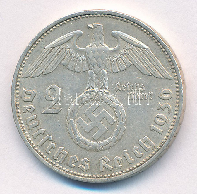 Német Harmadik Birodalom 1936D 2M Ag 'Hindenburg' T:2 patina, kis ph German Third Reich 1936D 2 Mark Ag 'Hindenburg' C:XF patina, small edge error Krause KM#93 - Image 2