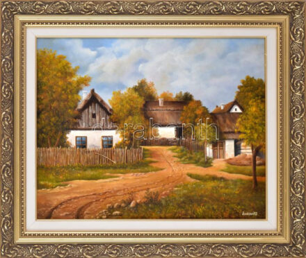 Jankovits Gusztáv (1947-2005): Falusi táj. Olaj, farost. Jelzett. 40x50 cm. Dekoratív fakeretben.
